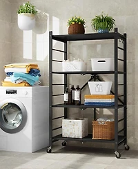 Sugift 4-Tier Foldable Storage Shelves, Metal Storage Rack with Wheels and Hooks
