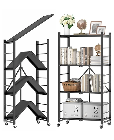 Sugift 4-Tier Foldable Storage Shelves, Metal Storage Rack with Wheels and Hooks
