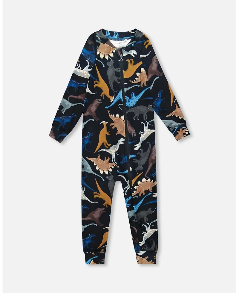 Deux par Boy One-Piece Thermal Underwear Black Dinosaur Print