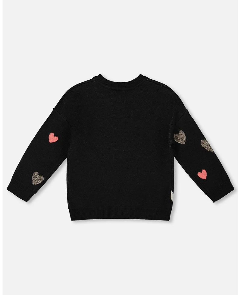 Deux par Toddler Girls Knit Sweater Black with Dalmatian and Hearts - Toddler|Child