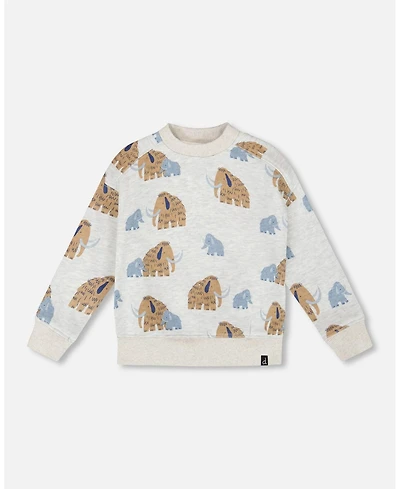 Deux par Boy Long Sleeve Crew Neck Fleece Sweatshirt Beige Mammoth Print
