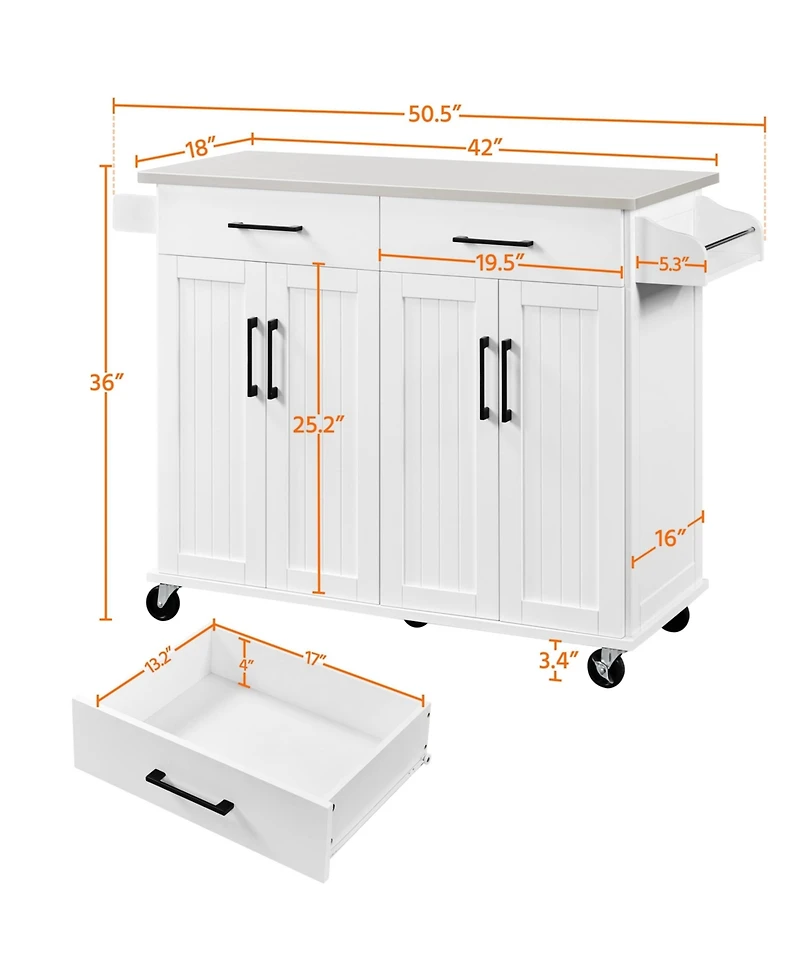 Kitchen Island on Wheels, Large Kitchen Island with Storage Drawers & Cabinets & Towel Bar & Spice Rack Black