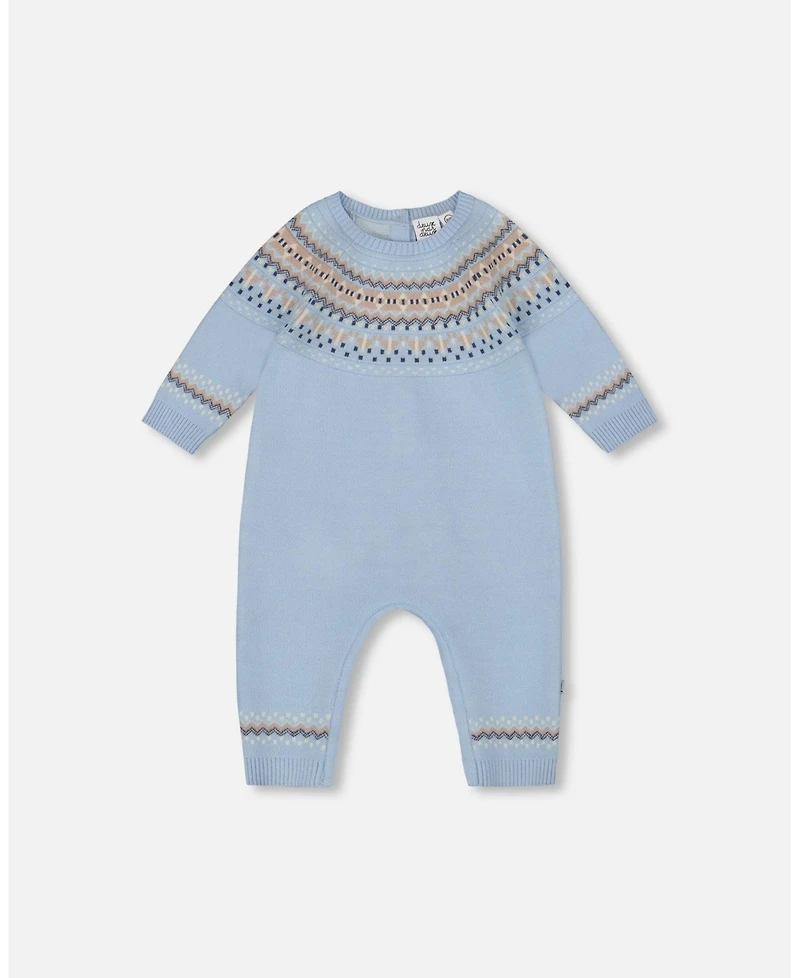Deux par Baby Boy Knitted Jacquard Romper Light Blue
