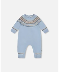 Deux par Baby Boy Knitted Jacquard Romper Light Blue