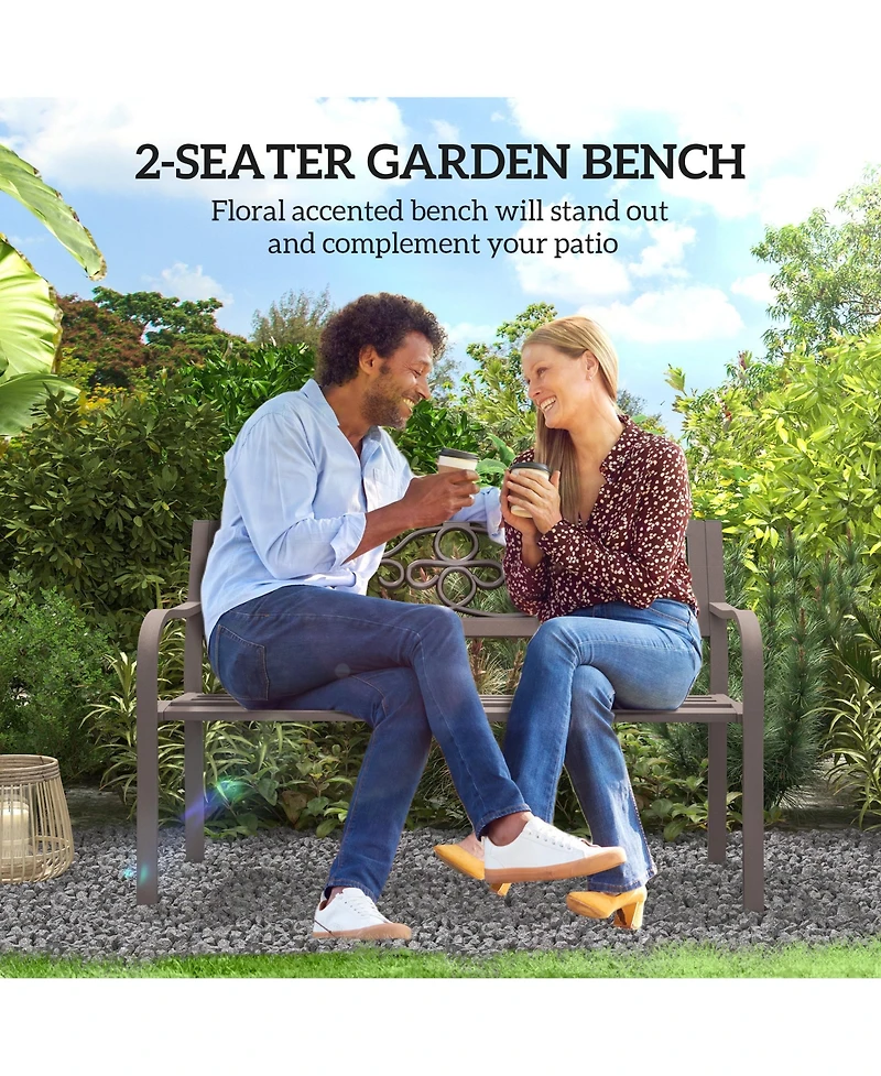 Outsunny Outdoor Bench, Steel Garden Bench with Floral Backrest,