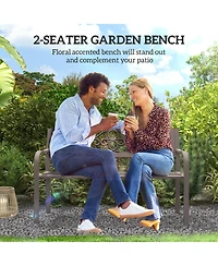Outsunny Outdoor Bench, Steel Garden Bench with Floral Backrest,