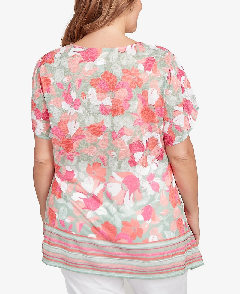 Ruby Rd. Plus Floral Striped Border Flutter Sleeve Top