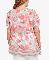 Ruby Rd. Plus Floral Striped Border Flutter Sleeve Top