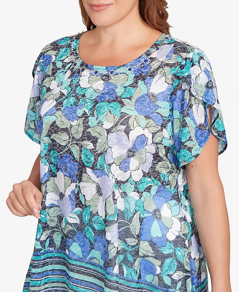 Ruby Rd. Plus Floral Striped Border Flutter Sleeve Top