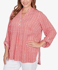 Ruby Rd. Plus Size Crinkle Knit Striped Henley Top