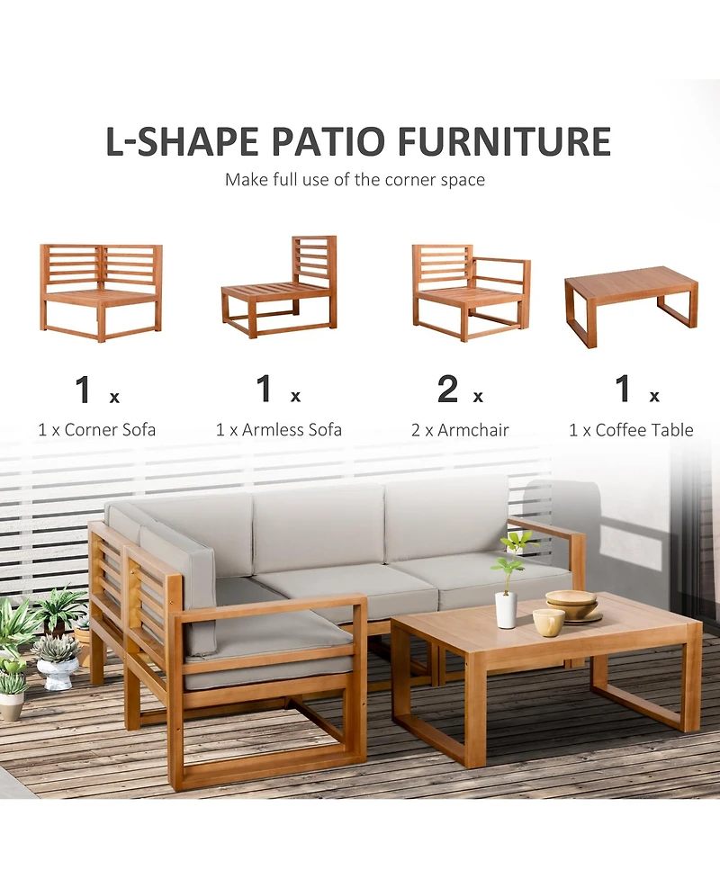 Outsunny 5pc Patio Furniture Set, Wood Sectional Sofa Cushions, Table,