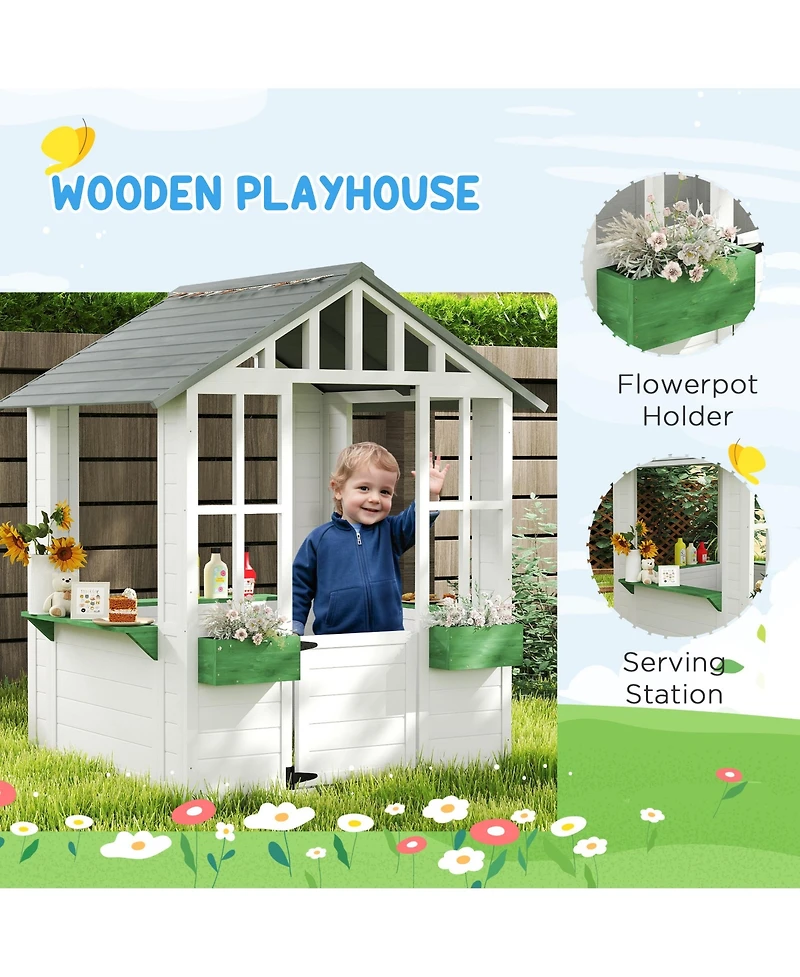 Outsunny Playhouse for Kids Outdoor with Doors, Windows,