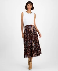 T Tahari Women's Printed Pull-On Pleated Midi Skirt