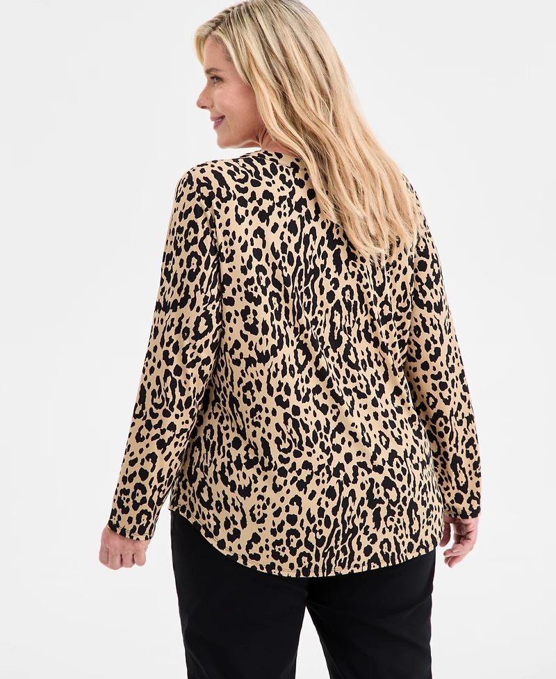Jm Collection Plus Printed V-Neck Long-Sleeve Top