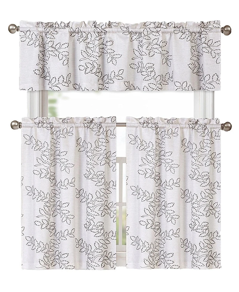 Kate Aurora Brielle Embroidered Linen Kitchen Curtain Tier & Valance Set - 56 in. W x 15 L