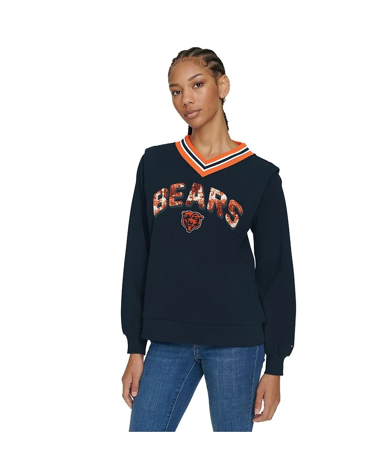 Tommy Hilfiger Women's Navy Chicago Bears Alice V-Neck Pullover Sweatshirt