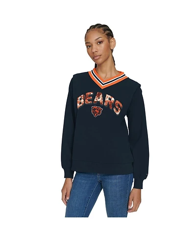 Tommy Hilfiger Women's Navy Chicago Bears Alice V-Neck Pullover Sweatshirt