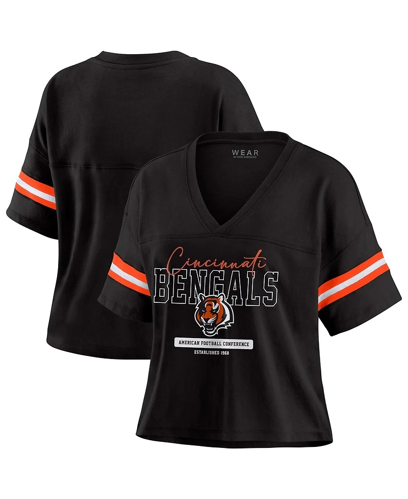 Wear by Erin Andrews Women's Black Cincinnati Bengals Color Block Boxy Modest Crop V-Neck T-Shirt