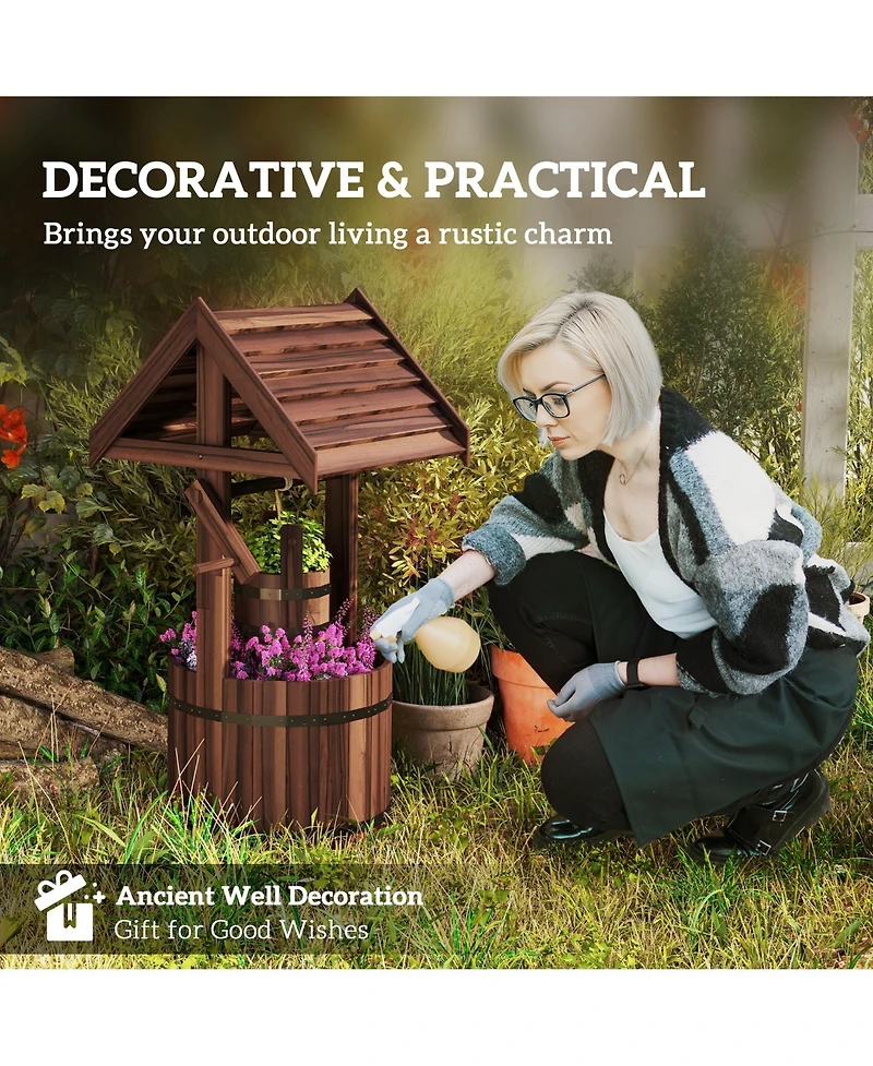 Outsunny Wishing Well Planter with Bucket, Wooden Wishing Well