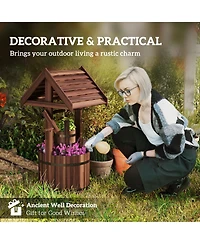 Outsunny Wishing Well Planter with Bucket, Wooden Wishing Well
