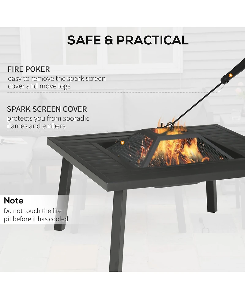 Outsunny 34" Fire Pit with Grill, Spark Screen, Fire Poker, Cover, Table Lip,