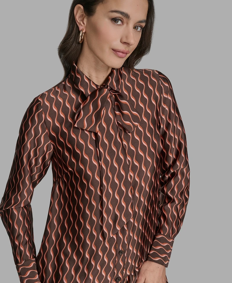 Bcbg Women's Satin Tie-Neck Long-Sleeve Shift Dress