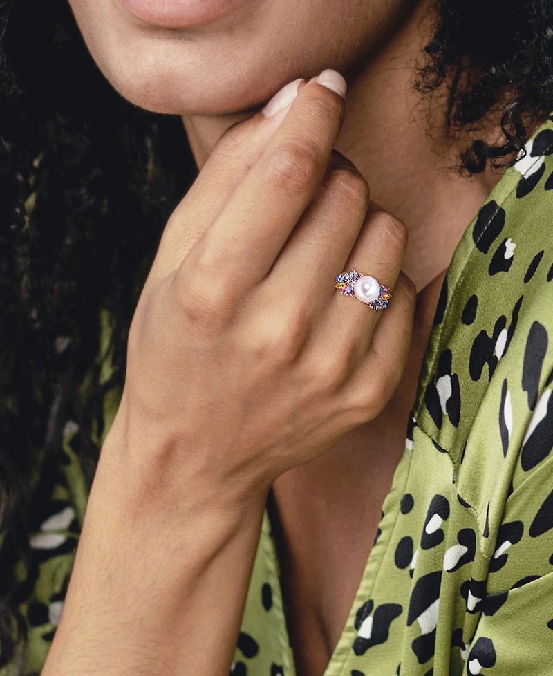 Cultured Freshwater Pearl (9mm), Multi-Sapphire (1-5/8 ct. t.w.) & Diamond (1/8 Ring 14k White Gold