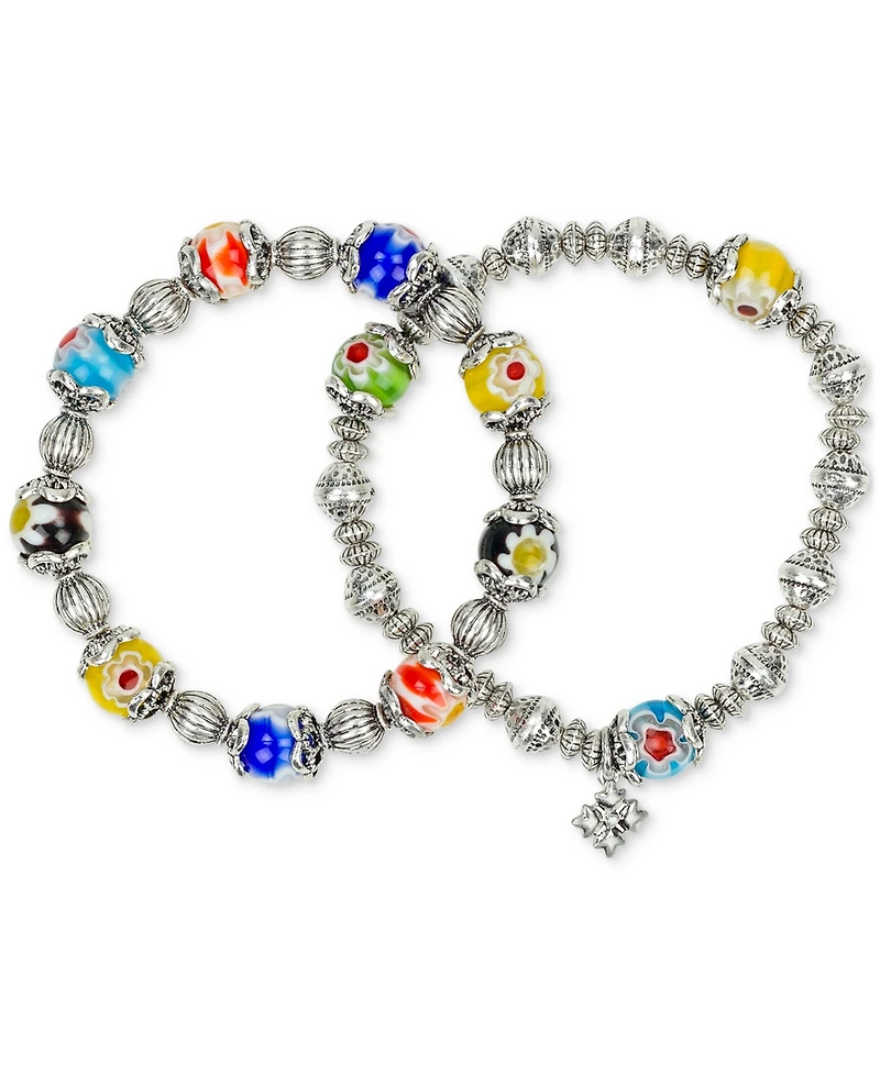 Patricia Nash Beaded Silver-Tone Two-Strand Stretch Bracelet Set