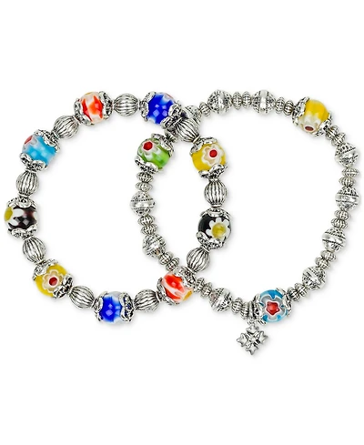 Patricia Nash Beaded Silver-Tone Two-Strand Stretch Bracelet Set