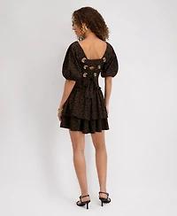 kensie Women's Stretch-Jacquard Puff-Sleeve A-Line Dress
