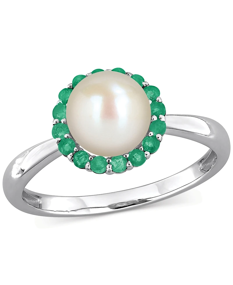 Cultured Freshwater Pearl (7-7.5mm) & Emerald (1/3 ct. t.w.) Ring Sterling Silver