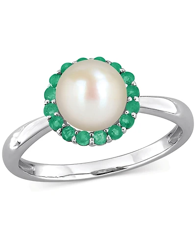 Cultured Freshwater Pearl (7-7.5mm) & Emerald (1/3 ct. t.w.) Ring Sterling Silver