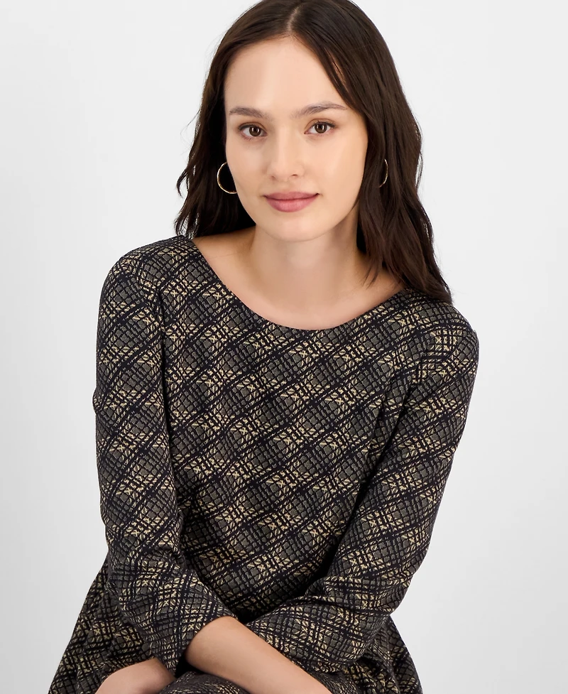 Connected Petite Printed Round-Neck 3/4-Sleeve Dress