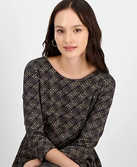 Connected Petite Printed Round-Neck 3/4-Sleeve Dress