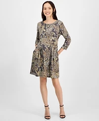 Connected Petite Printed Round-Neck 3/4-Sleeve Dress