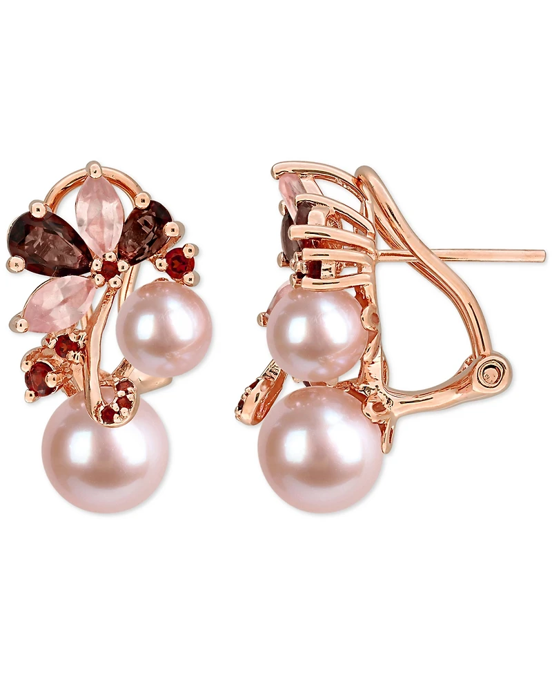 Pink Cultured Freshwater Pearl (6 & 8mm) & Multi-Gemstone (2-5/8 ct. t.w.) Cluster Omega Back Earrings in 18k Rose Gold Flash-Plated Sterling Silver