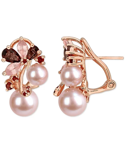 Pink Cultured Freshwater Pearl (6 & 8mm) & Multi-Gemstone (2-5/8 ct. t.w.) Cluster Omega Back Earrings in 18k Rose Gold Flash-Plated Sterling Silver