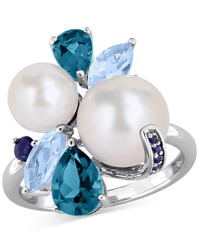 Cultured Freshwater Pearl (7-8.5mm), Blue Topaz (1/5 ct. t.w.) & Sapphire Ring Sterling Silver
