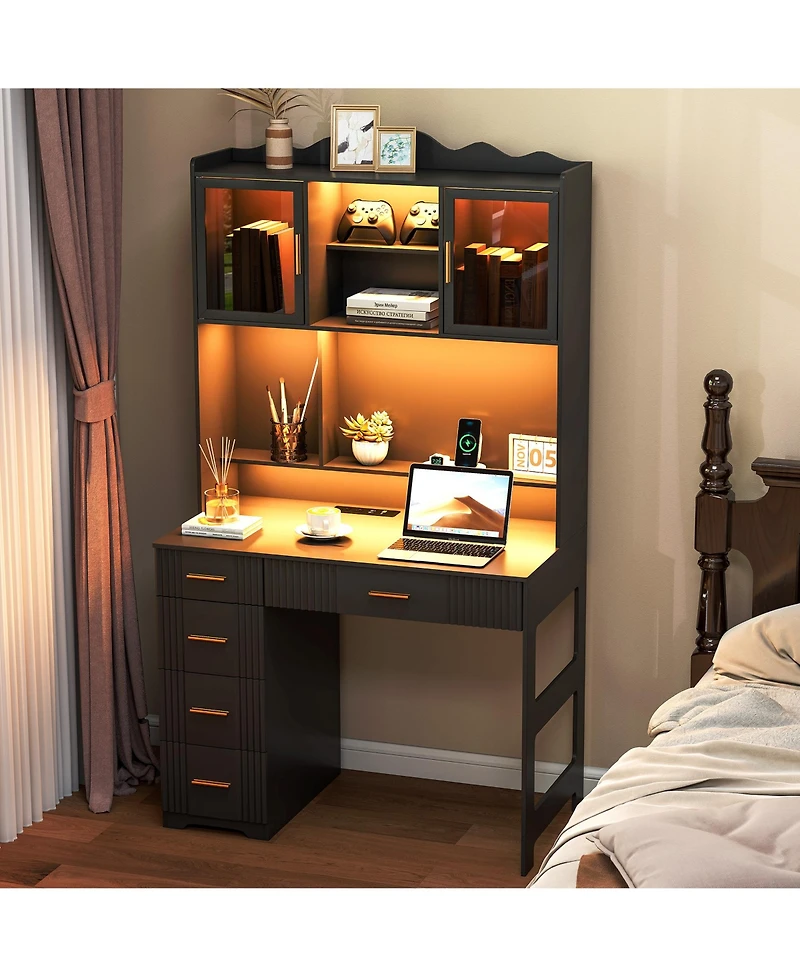 Vlsrka Office study computer desk with charging station and Led lights