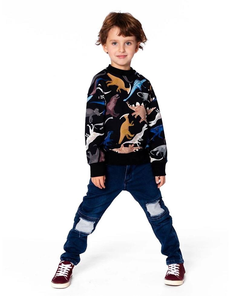 Deux par Boy Pullover Fleece Sweatshirt Black Dinosaur Print - Child