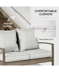 Outsunny Patio Furniture Set, 4 Piece Outdoor Rattan Conversation Set with 2 Armchairs, Cushions, Loveseat Sofa & Coffee Table for Porch, Poolside, La