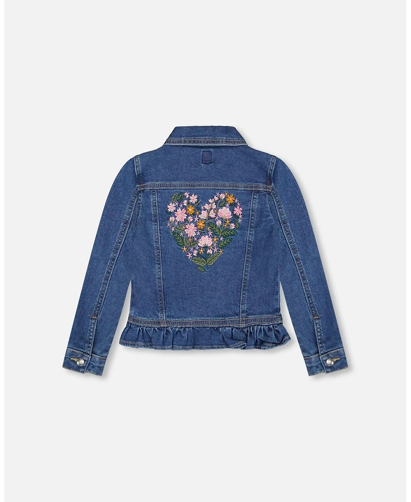 Deux par Girl Denim Jacket Blue with Ruffle Hem and Floral Embroidery - Toddler|Child