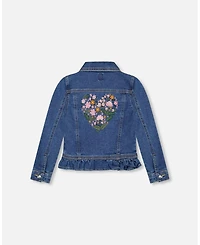Deux par Girl Denim Jacket Blue with Ruffle Hem and Floral Embroidery - Toddler|Child