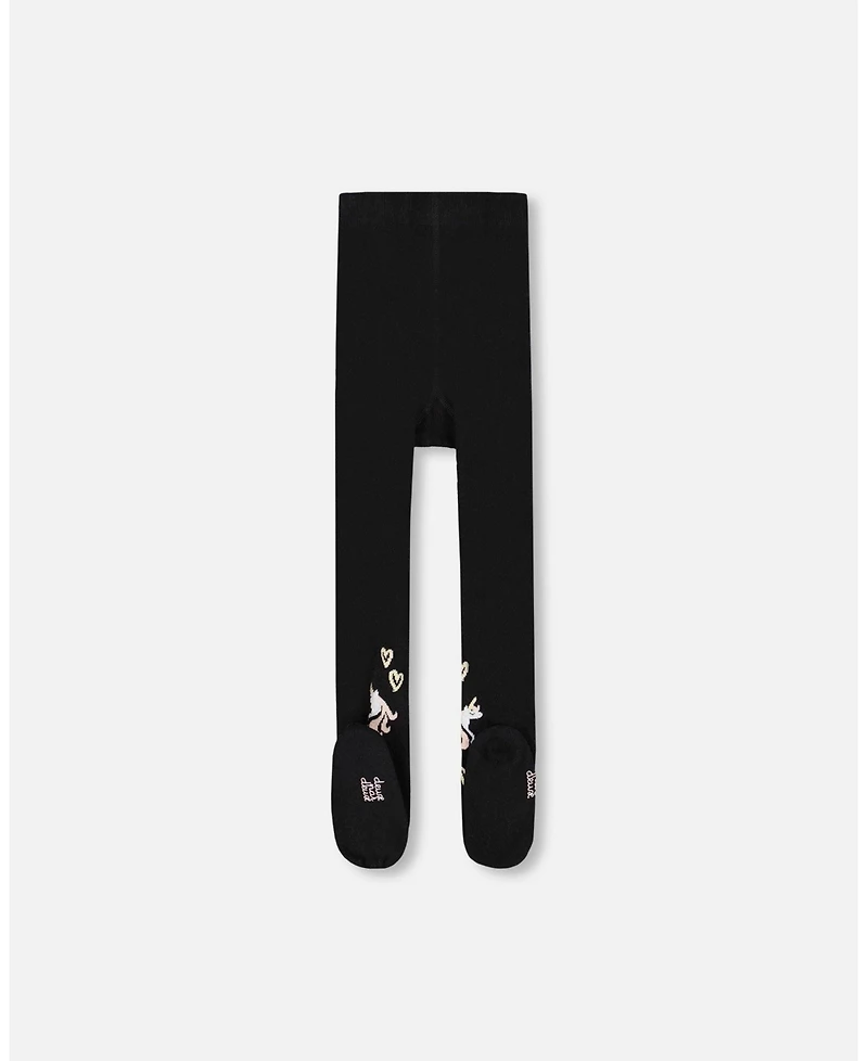 Deux par Girl Knit Tights Black with Unicorns and Hearts - Toddler|Child