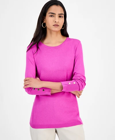 Jm Collection Women's Button-Sleeve Crewneck Sweater, Created for Macy's