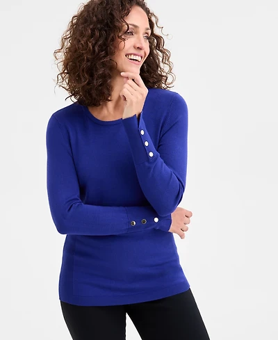Jm Collection Women's Button-Sleeve Crewneck Sweater, Created for Macy's