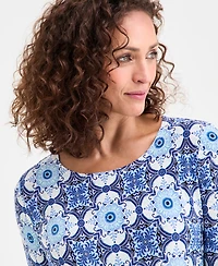 Jm Collection Women's Floral Print 3/4-Sleeve Scoop-Neck Jacquard Top