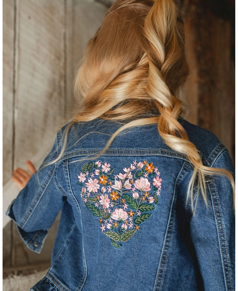 Deux par Girls Denim Jacket Blue with Ruffle Hem and Floral Embroidery