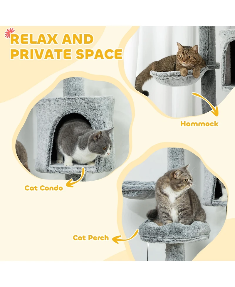 PawHut 89"-100" Floor to Ceiling Cat Tree with Cat Perch & Condo,