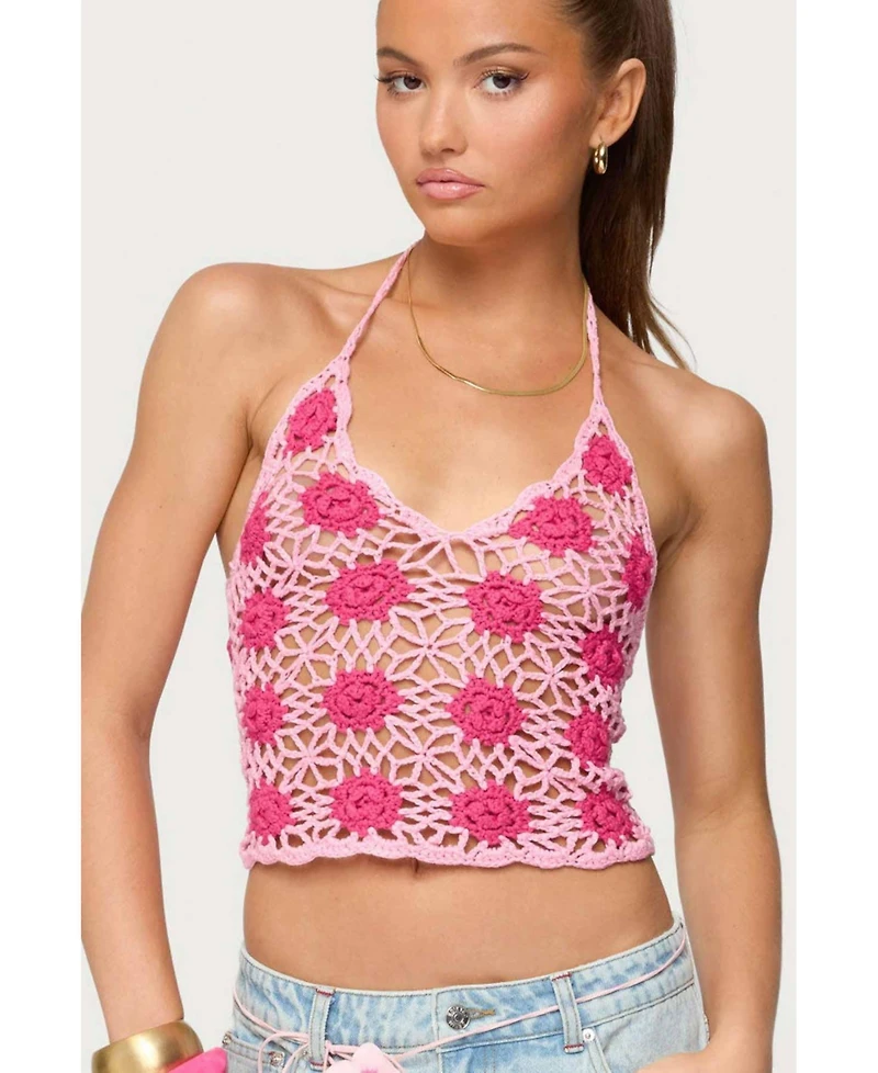Edikted Womens Contrast Floral Crochet Halter Top